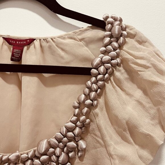 Ted Baker Silk Nude Pink Ruffle Puff Short Sleeve Semi Sheer Drop Waist Blouse - Picture 4 of 8